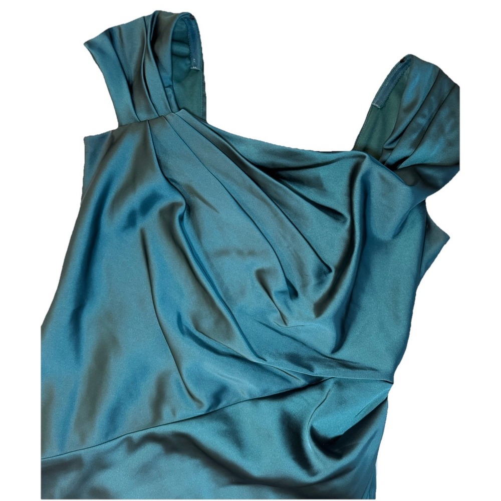 Tadashi Shoji Emerald Satin Draped Bodycon Midi Dress 12 Cocktail Formal Event